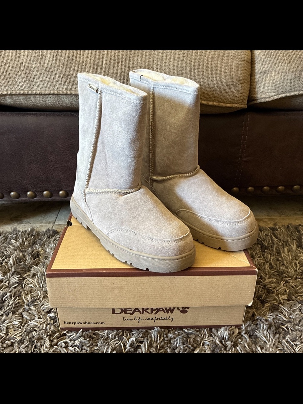 Bearpaw Suede Shearling Boots Sand Tan Mid Calf Size 9/10